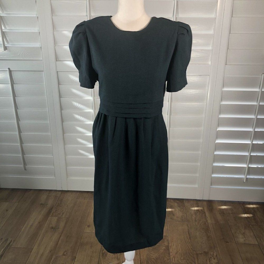 Vtg 80's Betsy Lauren Dress Green Check 10 Short Puff Sleeves Padded Shoulders
